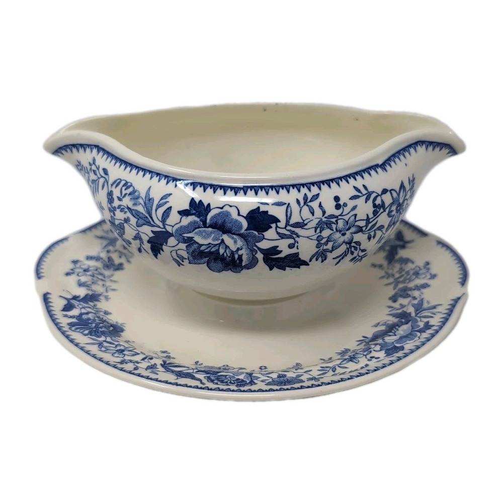 VTG Taylor Smith Classic Double Spout Gravy Boat Sauciere Sauceboat Blue Floral - Picture 9 of 9